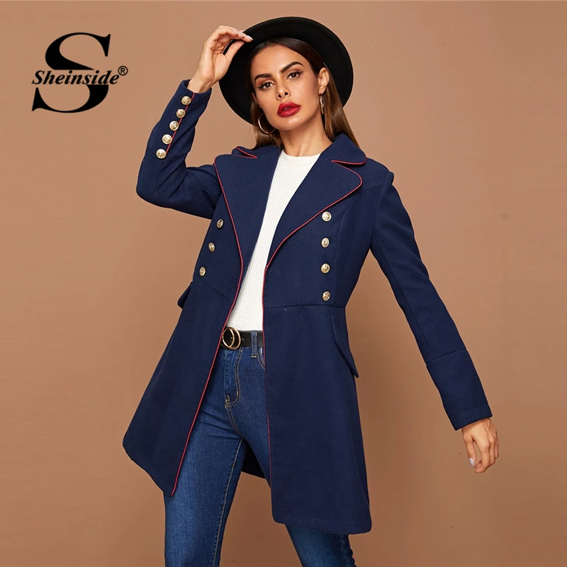 Sheinside темно-синее элегантное пальто с контрастной вязкой деталей для женщин Осенняя двубортная верхняя одежда с отделкой для женщин минималистичные пальто