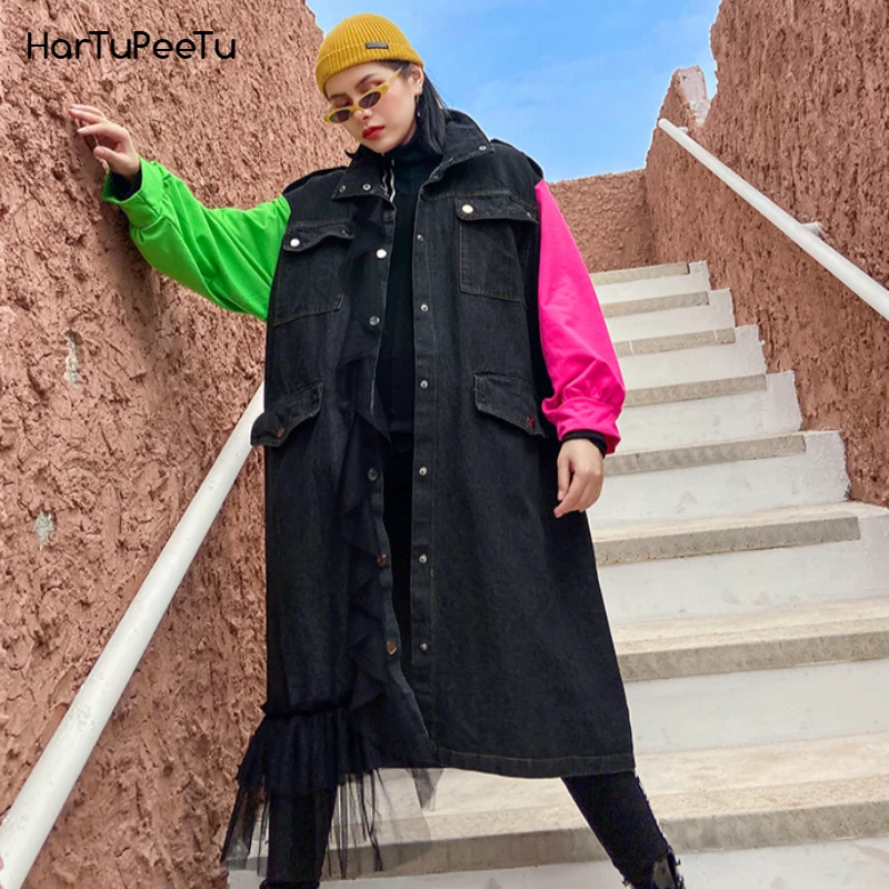 

Women's Jeans Clothes Black Red Denim Jacket Contrast Color Coat Splicing Mesh BF Style Fashion Tide Street Trench Mid-length