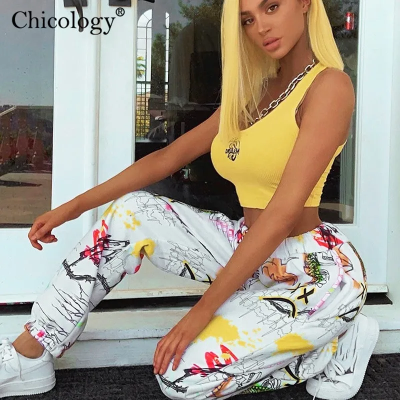 Chicology принтом принт уличная одежда длинные штаны 2019 женское с высокой талией в