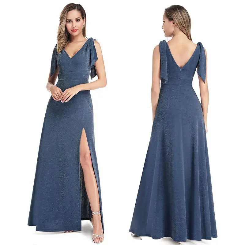 

Spring And Summer Bridesmaid Dress Deep V Lace-up Bow Fashion Shiny Textured Knit Slit Evening Gown Women's