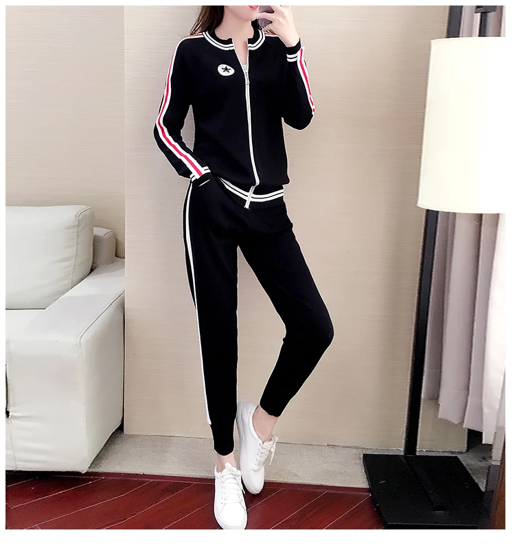 Autumn Winter New Pattern Women Fashion Round Collar Long Sleeves Loose Knitting Cardigan Top+Leisure Trousers motion Set