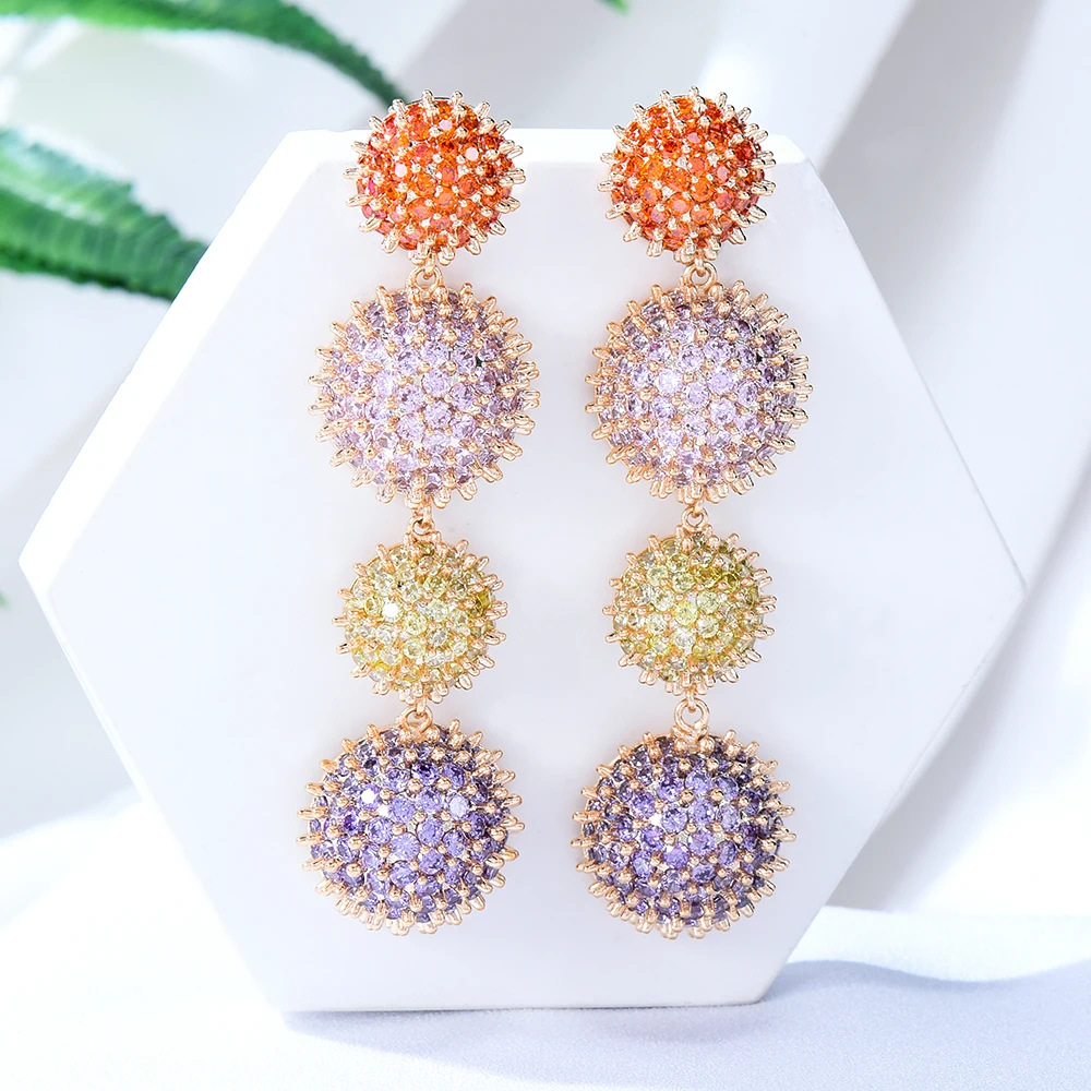 New Long Fashion Cubic Zirconia Pendant Drop Earrings for Women Luxury Geometry Round Half Ball Earring Wedding Party Jewelry