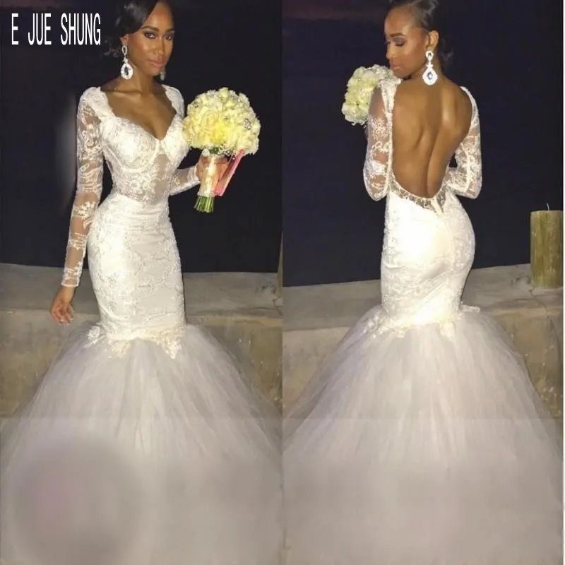 

E JUE SHUNG Vintage Mermaid Wedding Dresses Square Neck Illusion Long Sleeves Sexy Backless African Wedding Gowns robe de mariee