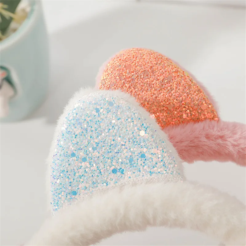 Winter Autumn Faux Fur Earmuff Ladies Cute Cat Sequined Ear Earflap Plush Warm Earmuff For Girls Women Hairbands Shiny Ear Muffs