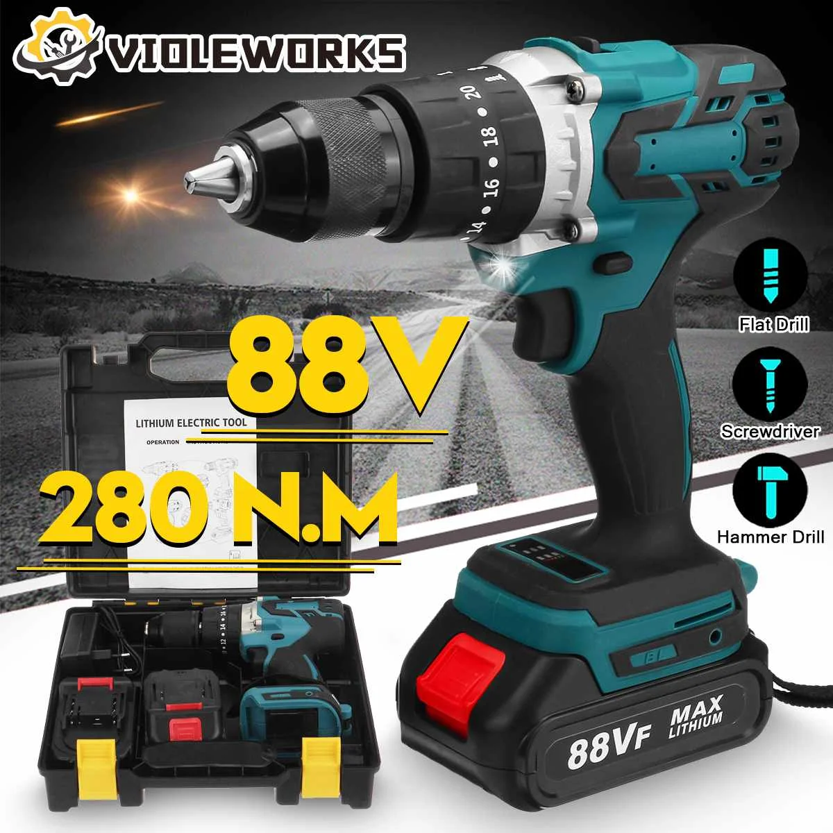 3 In 1 88VF Brushless Electric Drill 288NM Cordless Screwdriver 7500mAh Battery Mini Electric Power Screwdriver Drill VIOLEWORKS