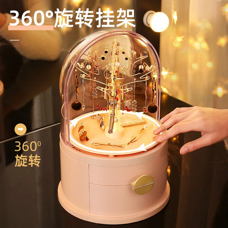Acrylic Led Lamp Jewelry Makeup Box 360 Degree Rotating Jewelry Earrings Storage Organizer Drawer Desk Dust Proof Jewel Shelf