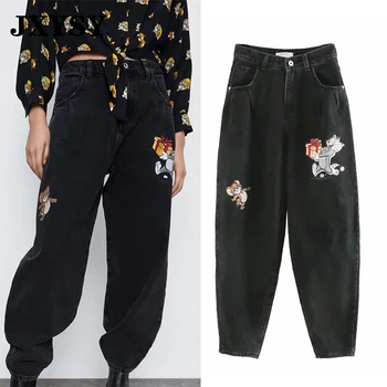 

JXYSY Jeans Women England Style High Street Vintage Cartoon Cat And Mouse Print High Waist Jeans Female Casual Denim Pants