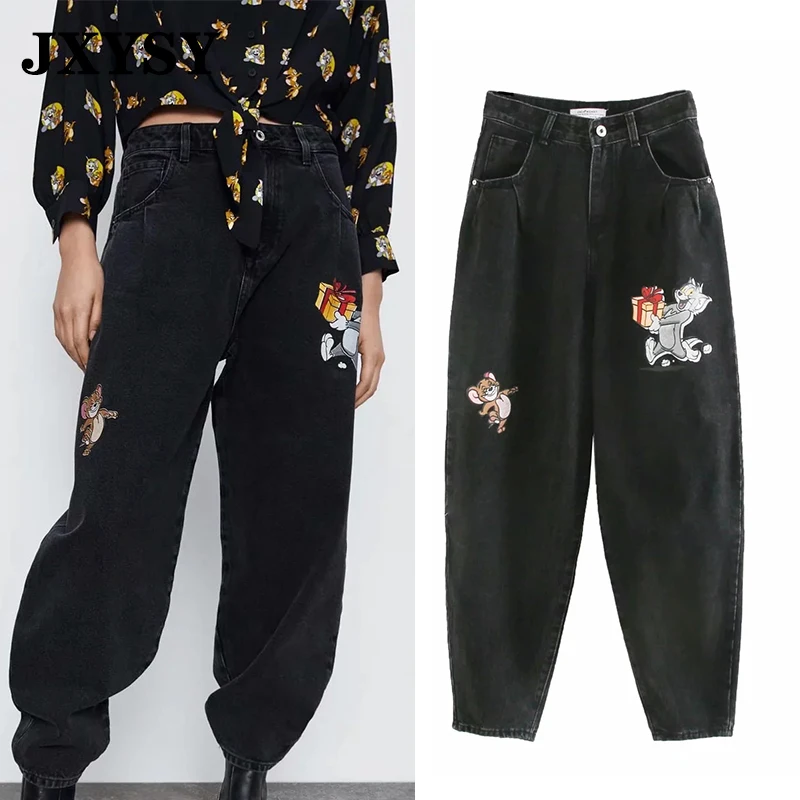 JXYSY Jeans Women England Style High Street Vintage Cartoon Cat And Mouse Print High Waist Jeans Female Casual Denim Pants JXYSY Jeans Women England Style High Street Vintage Cartoon Cat And Mouse Print High Waist Jeans Female Casual Denim Pants