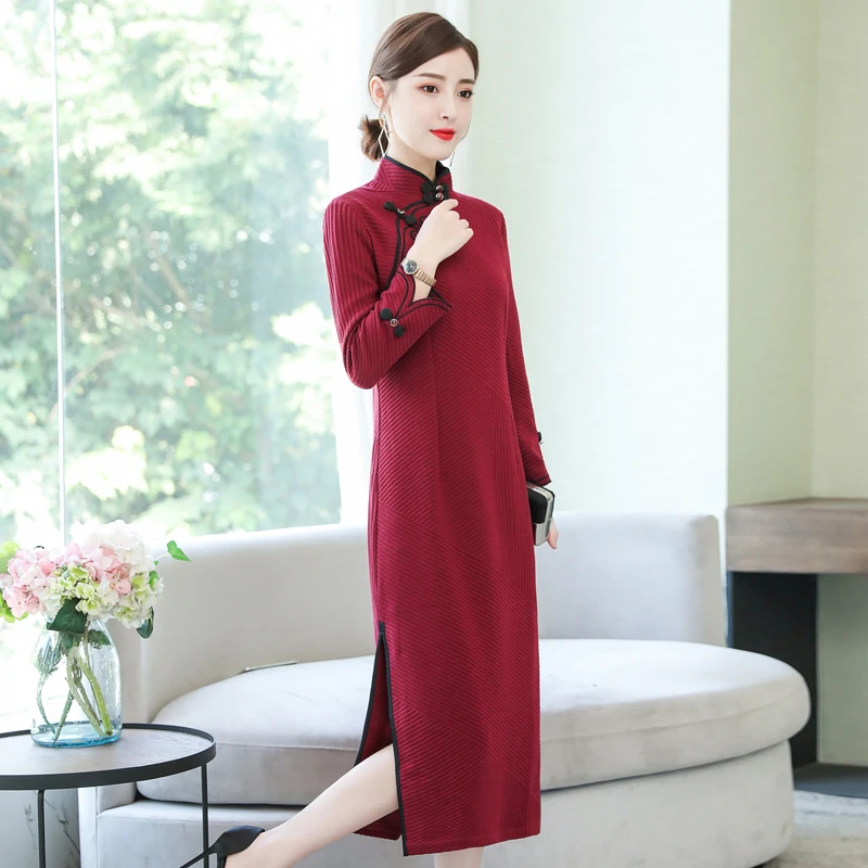 female aodai elegant bridesmaid improved cheongsam women split long sleeve qipao wedding party dress vestidos chinese style