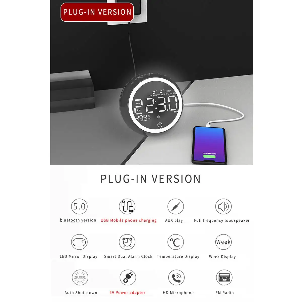 Цифровой Будильник Bluetooth радио динамик белый цифровой дисплей FM радио ЕС штекер с окружающим светом USB порт для зарядки телефона