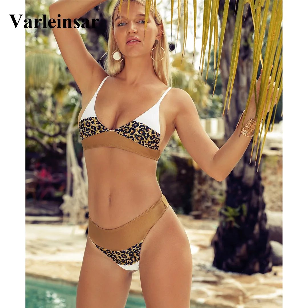 

NEW Sexy Mid Waist Bikini Female Swimsuit 2019 Women Swimwear Two-pieces Bikini set Splicing Bather Bathing Suit Swim Wear V1647
