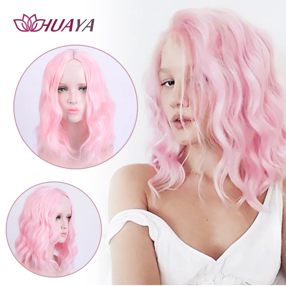 

HUAYA Short Natural Wavy Heat Resistant Fiber Synthetic Bob Wigs Women's Party Wig or Halloween Cosplay Fashion Pink/Blonde