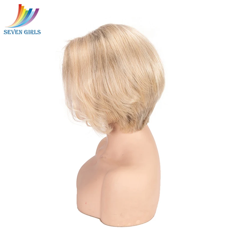 Sevengirls Ombre 4/613# Pre Plucked Pixie Cut Human Hair Wigs Malaysian Remy Hair Full Lace Wig Free Shipping For Women