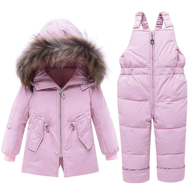 Детские зимние куртки-пуховики для мальчиков и девочек, пальто+ штаны, комбинезоны детский зимний лыжный комплект, парки с натуральным мехом для малышей, верхняя одежда, пальто