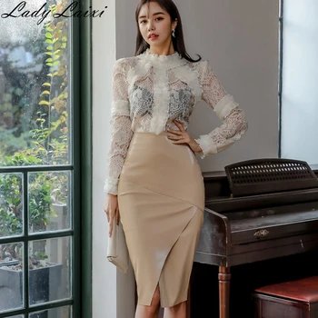 

2020 Spring Sexy office OL Work 2 Pieces Set hollow out Lace Blouses + Sheath Pencil Skirt women Skirts Suits