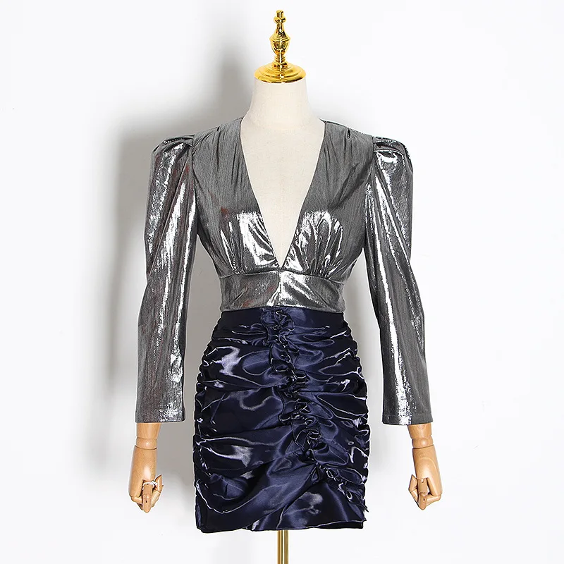 Модная осенне-зимняя блуза с v-образным вырезом и длинными рукавами и гофрированная облегающая юбка, комплекты из 2 предметов - Цвет: AS shows