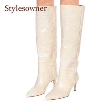 

New Real Leather Knee-High Motorcycle Boots Pointed-Toe Thin-heel High-heels Fashion Beige Crocodile Pattern Boots Woman Winter