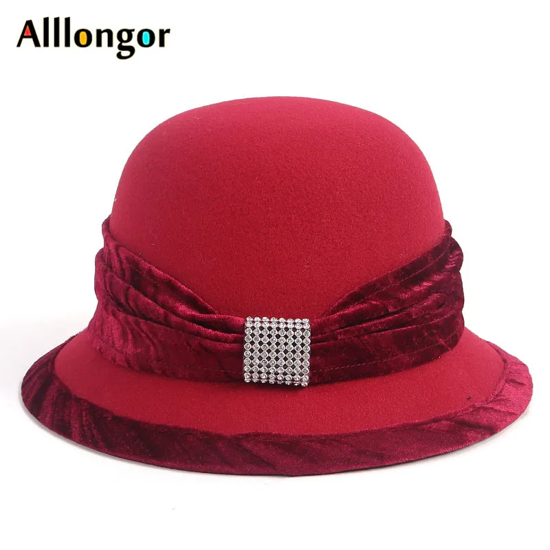 

Red Bottom Fedora Hat Women Elegant French Autumn 2020 Winter Crystal Dome Cap Normal Wool Bowler Felt Hats Chapeau Femme Hiver