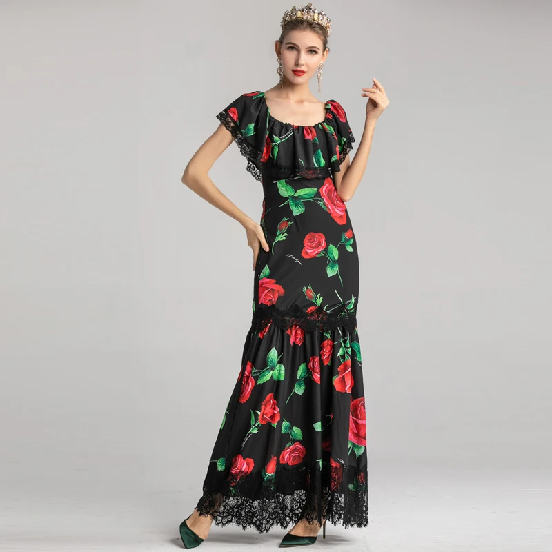 

VERDEJULIAY Runway Maxi Dress 2020 Spring Summer Fashion New XXL Cloak Slash Neck Rose Print Bodycon Lace Patchwork Black Dress