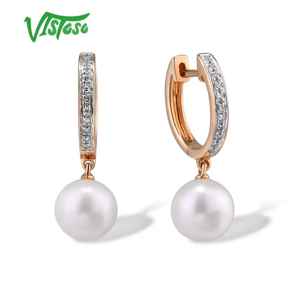 VISTOSO Pure 14K 585 розовое золото сверкающие бриллианты элегантные пресноводные жемчужные серьги для женщин уникальные модные свадебные ювелирные изделия