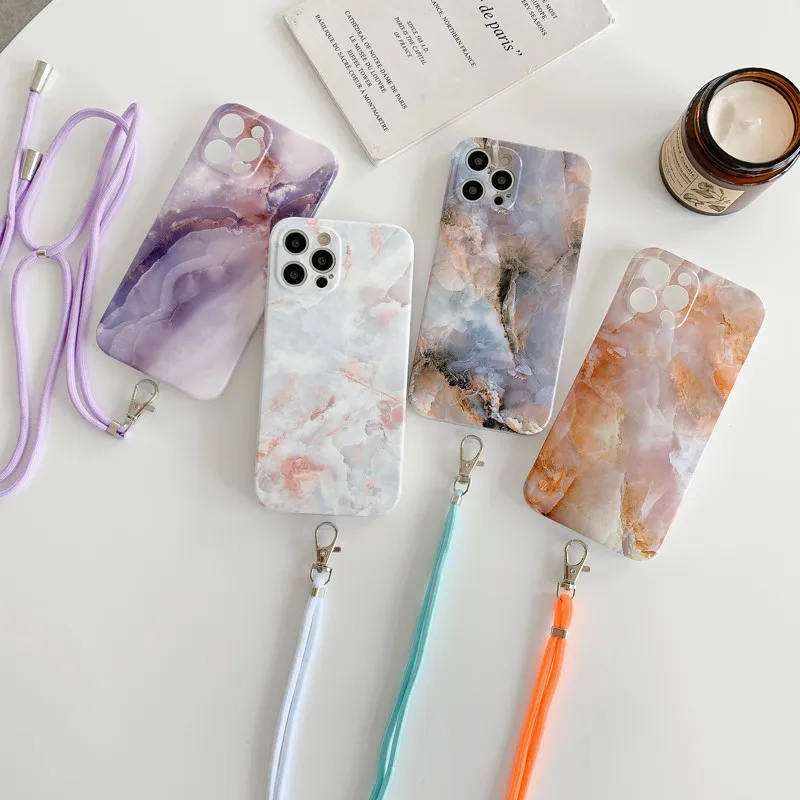 Strap Cord Chain Phone Case Marble Texture For Iphone 12 Pro Max Mini