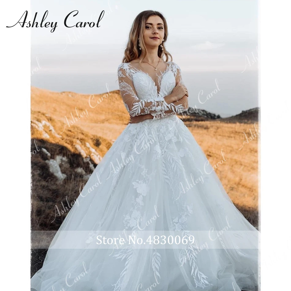 Wedding Dresses for Women Ashley Carol Appliques Tulle Backless Long Sleeve Boho