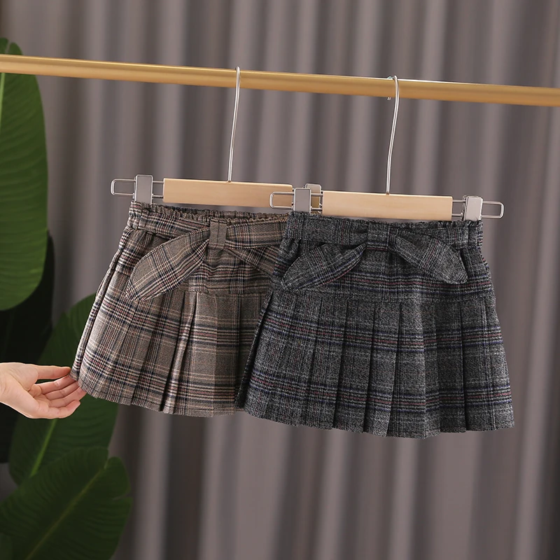 Winter Plaid Skirt for Baby Girl School Uniform Children Casual Pleated Bow Mini Skirts Toddler Plaid Bottoms