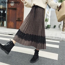Корейская Осенняя зимняя женская теплая длинная юбка, черная серая хаки шерстяная Jupe Femme, элегантная шикарная длинная Плиссированная юбка с черным кружевом