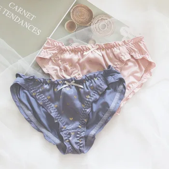 

Milk Silk Middle Waist Women Underwear Bronzing Heart Print Ruffle Cute Lovely Sweet Girl Panties Soft Female Breifs Lingerie