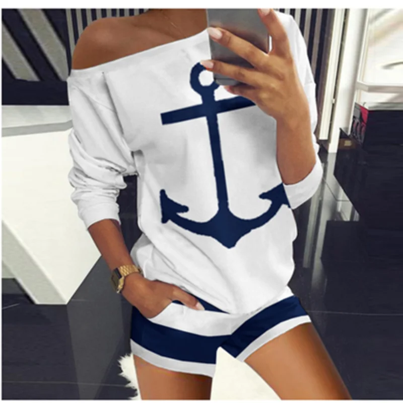 

Summer New Off Shoulder Two Piece Sets Boat Anchor Print Shirt and Shorts Set Women Elegant Spring Casual Tracksuit Suits Pocket