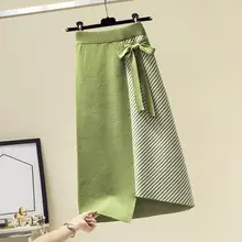 Осенняя женская Свободная трикотажная юбка, модная зимняя юбка средней длины с бантом, Лоскутная юбка в полоску, посылка