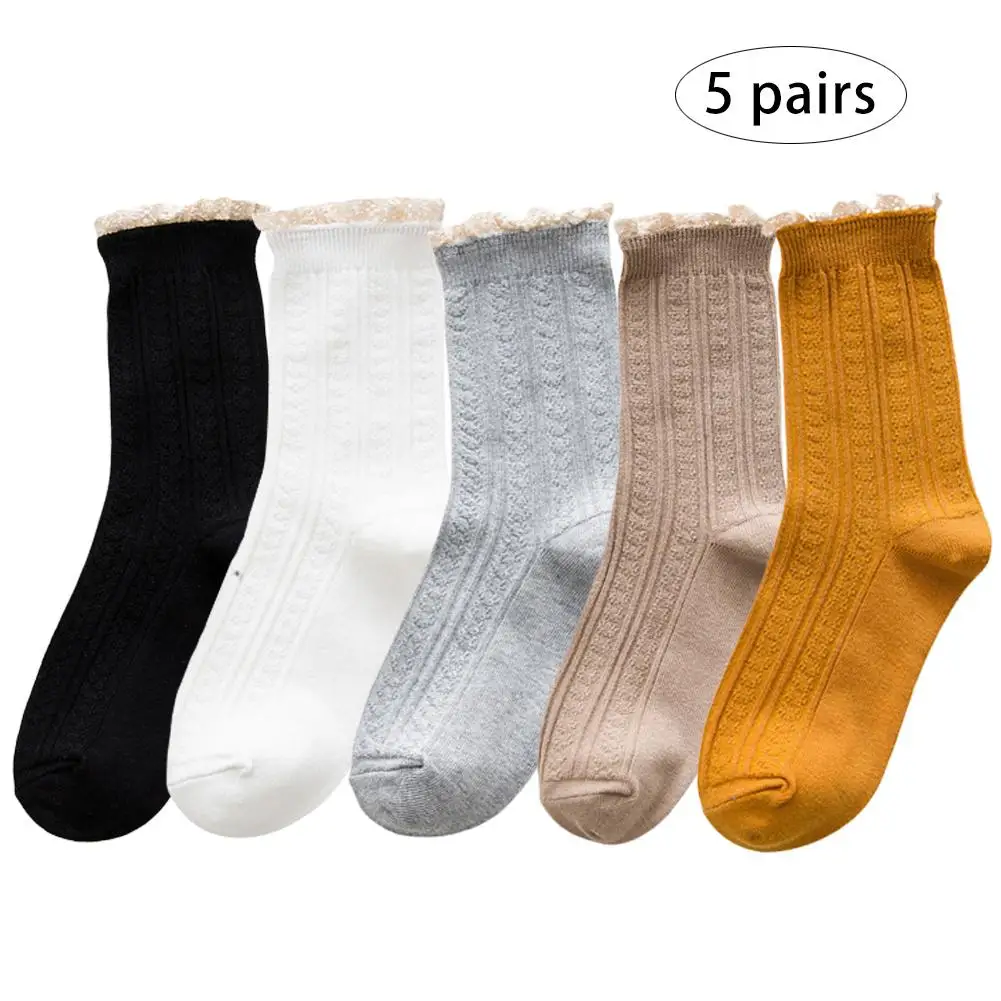 5 Pairs Spring Lace Ruffles Socks Cotton Ankle Lovely Frilly Edge Girls' Women Socks Sweet Casual Short Tube Lady Vintage Socks