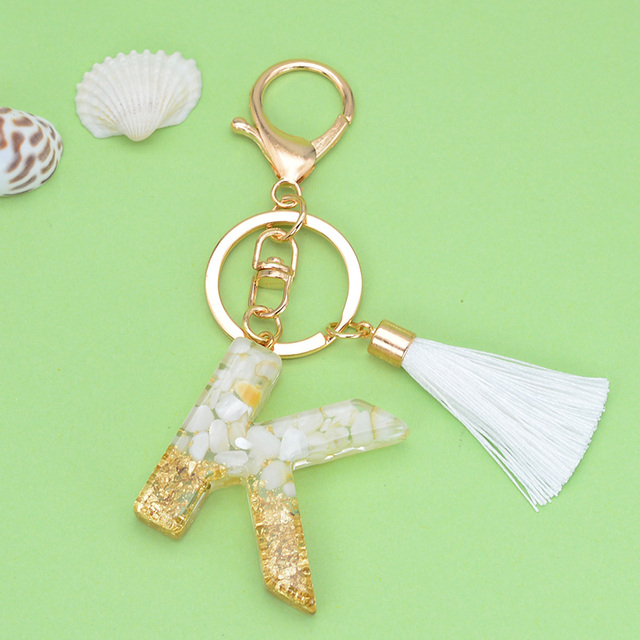 Gold Tassel Alphabet Keychain English Letter Keyring Glitter Gradient Resin Gold Leaf Crafts Car Mirror Handbag Charms