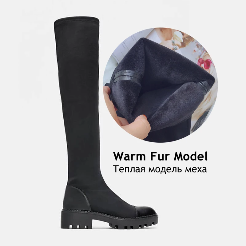 Теплые зимние сапоги на меху; женские сапоги до колена из эластичной лайкры на платформе; женские высокие сапоги; зимняя обувь; Сапоги выше колена - Цвет: Black Fur Lining