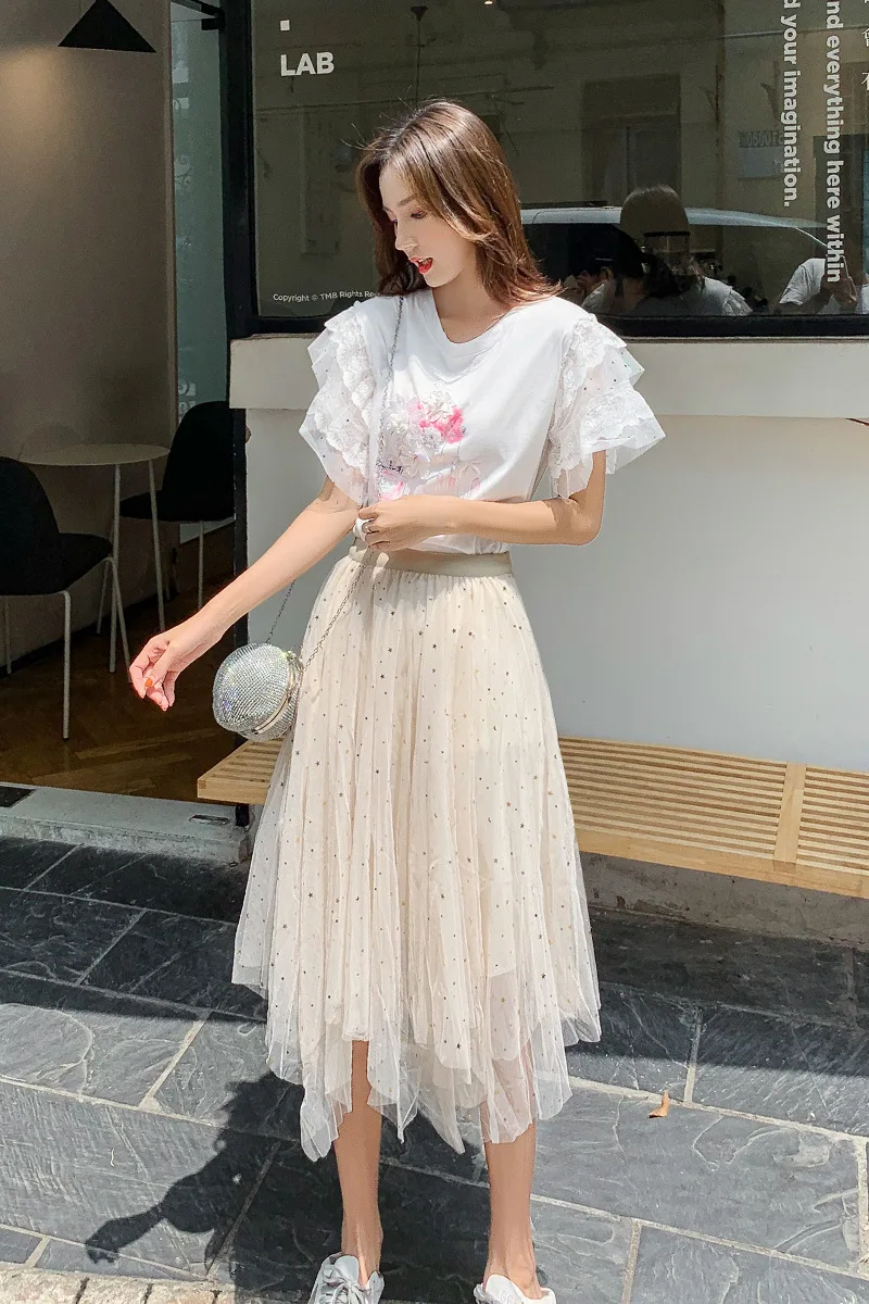 

Summer New Style Short Sleeve Gauze Skirt Two-Piece Set Dress Women's Slimming T-shirt Dress Outfit
