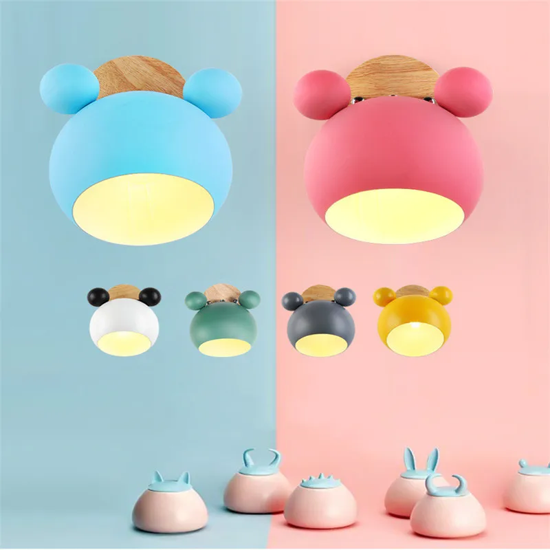 

new Creative Wooden Mickey Mouse wall Lights Nordic Macaron LED E27 5 Color Wall Lamp Children Reading Bedroom Bedside Lighting