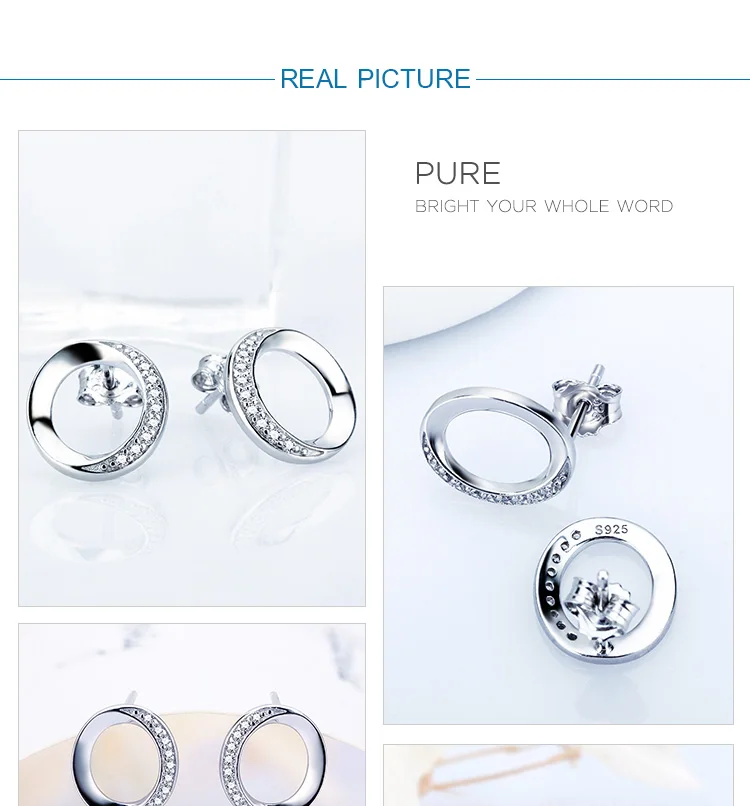 CLUCI Silver 925 Simple Round Stud Earrings with Push Back Women Sterling Silver Office Jewelry
