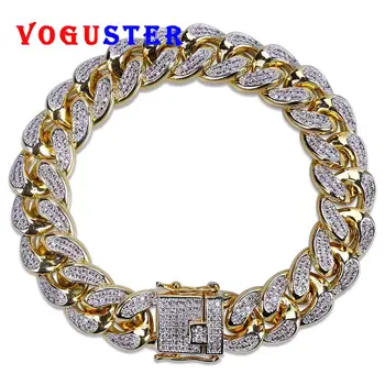 

Gold Color Plated 7 Inch 14mm Width Micro Pave CZ Hiphop Jewelry Chain Bracelets