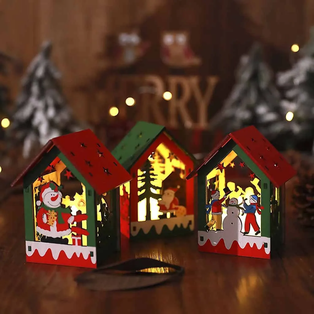 LED Light Wood House Christmas Tree Hanging Pandent Ornaments DIY Holiday Decor. 