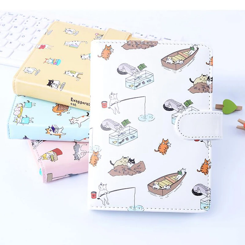 New Cute Cat Notebook Stationery Leather Cover Kids Notebook With Color Paper Binder Diary Gift