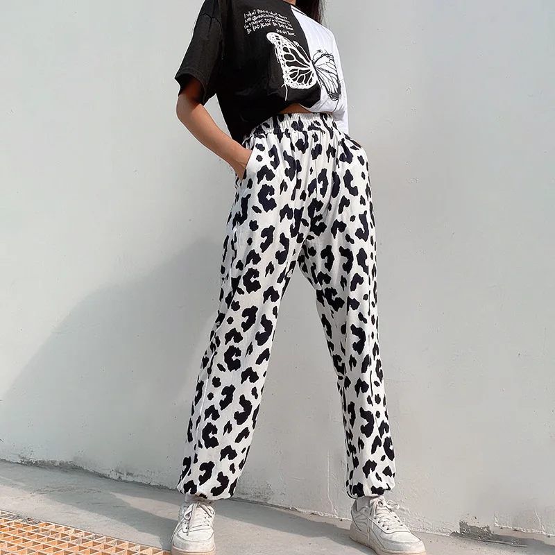 Black Cow Print Joggers Women Fashion 