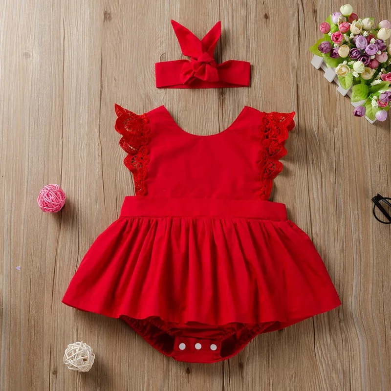 Летнее платье для новорожденных девочек; комбинезон с рукавами-крылышками; кружевной комбинезон с повязкой; Модная одежда для малышей - Цвет: Красный