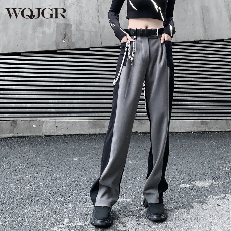 

WQJGR Autumn and Winter Pants Women Loose Black and Gray Patchwork Full Length Fashionnova Trousers Women