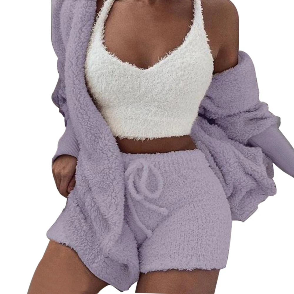 MoneRffi Женский мягкий длинный плюшевый набор, Модный жакет с длинным рукавом, женский сексуальный укороченный топ и шорты, костюм, женский спортивный костюм для отдыха - Цвет: 3 Piece Purple