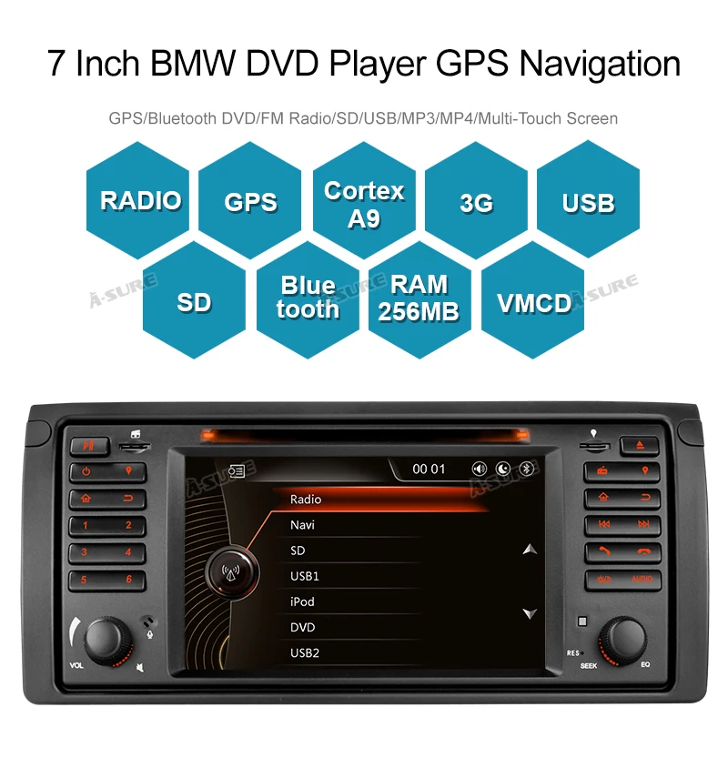  A-Sure 7 Inch 2 Din 16G Auto Radio Car Multimedia GPS Navigation DVD Player For BMW E39 X5 E53 M5 3