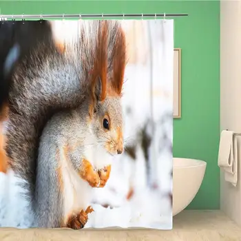

Bathroom Shower Curtain Brown Fox Squirrel Looks Thoughtfully Down and Sits Snow Waterproof Bath Curtain Set with Hooks