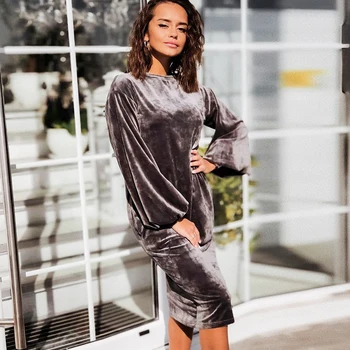 

HiLoc Warm Velvet Dress Women Brown Mid-Calf Night Dresses Long Lantern Sleeve Nightgown Loose Autumn Sleepwear Winter 2020 New