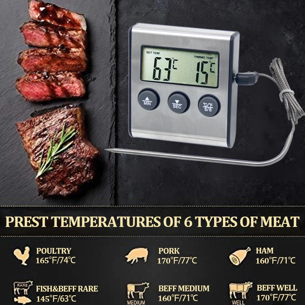 temporizador de cozinha digital churrasco culinária termômetro sensor para forno carne coffe leite com sonda aço inoxidável grau alimentício