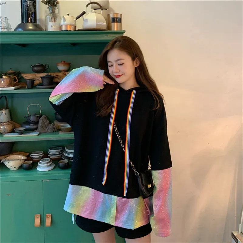 

Focal20 Streetwear Rainbow Stripe Women Hoodies Patchwork Loose Women Hooded Sweatshirt Tracksuit Autumn Lady Pullovers