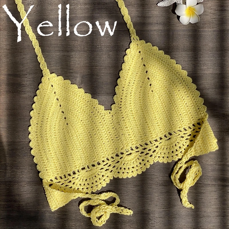 2021 New Bikini Top Handmade Crochet Women Boho Beach Bralette Solid Halter Knitted Swimsuit Brazilian Bikinis Bathing Suit Top